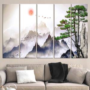 งานศิลปะบนผืนผ้าใบพิมพ์ลาย: วิวภูเขาอันงดงาม ดีไซน์แบบมินิมอลสไตล์ญี่ปุ่น ชุดผ้าใบ 5 ชิ้น - Product Image 1