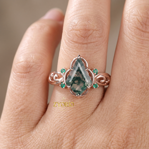 Anillo de Ágata Musgosa con Corte de Pera, Oro Sólido de 14K, Anillo de Compromiso con Acento de Esmeralda, Anillo Nupcial Vintage Inspirado en la Naturaleza - Product Image 6