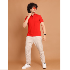 เสื้อยืดครึ่งแขนสำหรับคอโปโลสีแดงแบบเรียบง่ายยืดได้สวมใส่สบายฤดูร้อนผ้าถักพิมพ์ลายสีทึบสำหรับการออกแบบที่หลากหลาย - Product Image 1