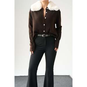 Coffee Faux Fur Collar <b>Cardigan</b> - Product Image 3