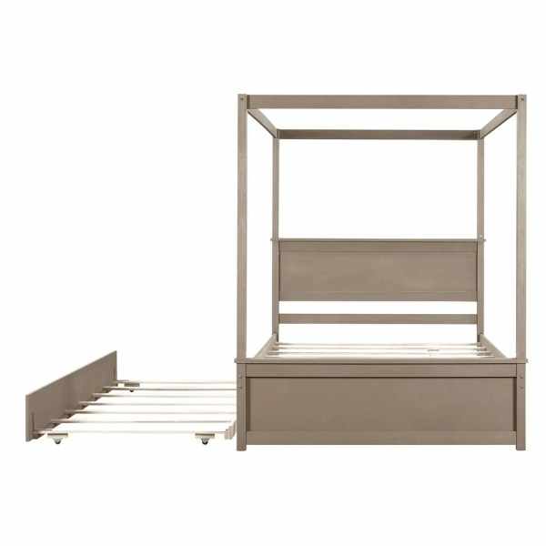 Full Size Light Brown Brushed Wood Canopy Bed with Trundle for Kids' Bedroom OEM Service Supplier Vietnam Following Your Brand