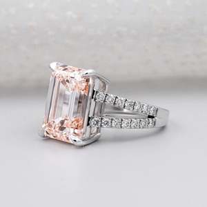 IGI Certified Emerald Cut Morganite Engagement <b>Ring</b> with Round Diamond VS Clarity <b>Split</b> Shank Statement Style Rhodium Plated - Product Image 3