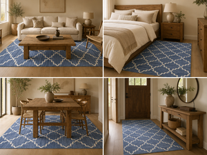 Handcrafted Blue <b>White</b> Moroccan Lattice Geometric Cotton Kilim <b>Rug</b> Modern Scandinavian Flatweave Absorbent Thick Living Room - Product Image 1