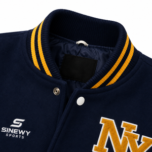 SINEWY SPORTS Unisex Winter Marineblau Umweltfreundliche Fleece-Gefütterte College-Jacke NY Buchstaben-Stickerei Vorne Kontrast-Ärmel Farbblock - Product Image 6