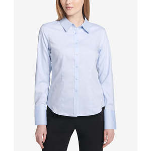 Camicia da donna Calvin Klein in popeline di cotone, taglia Petite XL, con bottoni frontali, colore blu tinta unita, stile semplice, top da ufficio coreano, taglia 8 P - Product Image 1