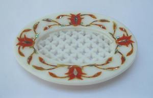 Porte-savon ovale en marbre blanc, élégant, avec marqueterie florale en cornaline, accessoire de salle de bain - Product Image 3