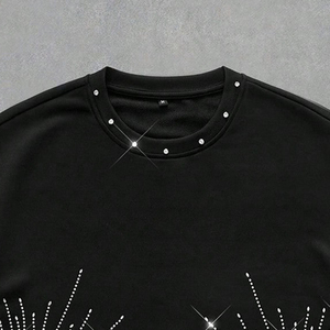 Premium Men's High Quality Rhinestone Short Sleeve T-Shirt with Loose Dropped Shoulder Fit 100% Cotton Fabric Unisex T-Shirt - Product Image 3