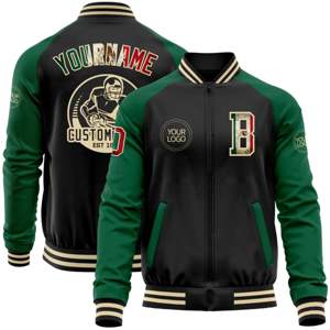 OEM Fabrication Personnalisée Noir Vintage Drapeau Mexicain Kelly Vert-Crème Bomber Varsity Letterman Deux Tons Veste à Fermeture Éclair - Product Image 1