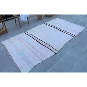 Tapis turc en laine marocaine vintage écologique 4,1x8,6 pieds, motif patchwork, dos en latex, blanc - Product Image 2