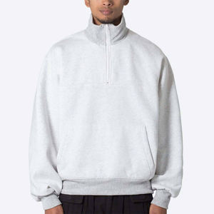 Unisex Light Grey Cotton Blended <b>Fleece</b> Quarter Zip Sweatshirt Custom Pullover High Neck Streetwear Casual Warm Winter Jumper - Product Image 3