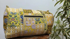 Handmade Blockprinted Quilted Cotton Duffle Bag Zipper Closure Large Capacity Eco-Friendly Weekender Luxury | Warm <b>Yellow</b> - Product Image 5