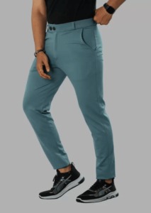 Venta al por mayor personalizado hombres Slim Fit tobillo longitud elástico verde azulado pantalones doble botón cierre bolsillos laterales moderno Casual Semi Formal - Product Image 5