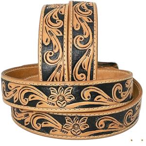 เข็มขัดหนังวัวแท้สีน้ำตาลแทนหนา ดีไซน์แบบตะวันตก พร้อมงานแกะสลักและเพ้นท์มือ  งานหนังแกะสลักด้วยมือ ดีไซน์เนอร์ - Product Image 3