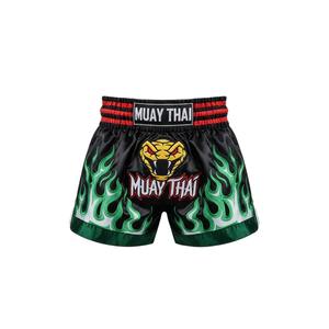 Pantalones Cortos de Boxeo MMA Muay Thai Negros y Verdes con Logotipo Personalizado, Bordado de Llama Verde con Cabeza de Serpiente, Tejido Elástico y Transpirable - Product Image 1