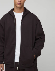 Sweat à capuche personnalisé lourd 100% coton pour hommes, épaule tombante surdimensionnée, fermeture éclair complète avec impression bouffante et logo pour l'automne - Product Image 5