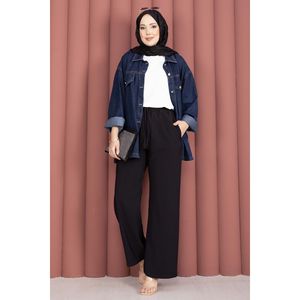 For Tencel Casual <b>Trousers</b> Wide Leg Pants with <b>Elastic</b> High-<b>Waist</b> and Pockets Breathable Wrinkled Design Size XL-Black - Product Image 3