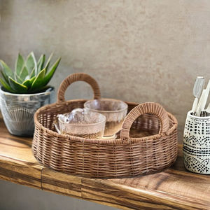 Tienphong 2025 gros plateau en rotin rond Roscoe avec poignées pour organisateur de vanité, nettoyage ponctuel uniquement, accessoire de salle de bain - Product Image 6