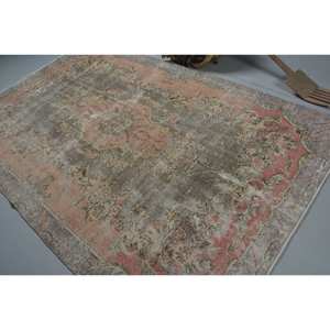 <b>Vintage</b> Turkish Wool <b>Rug</b> 6 X 9.3ft Large Area with Pink Gray Patchwork Design Rectangle Hallway Style Latex Backing for Home Use - Product Image 4