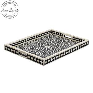 Bandeja de servicio redonda de madera de mango hecha a mano con patrón de hojas de esmalte Plato decorativo elegante para comedor y decoración del hogar - Product Image 4