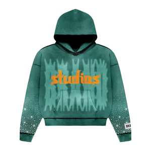 Sudadera con capucha y cremallera con lavado ácido desgastado de peso pesado de lana bordada a medida con acentos de diamantes de imitación, chándal lavado con desteñido al sol - Product Image 4