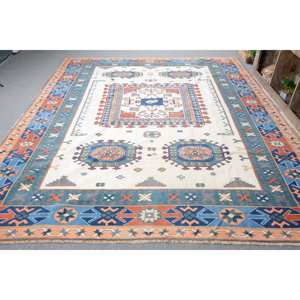 Tapis Kilim Turc Vintage Bleu Orange Patchwork Design 8.7 X 10.6ft Tissage Plat Laine Jute pour Adolescent Rectangle Couloir Latex - Product Image 1