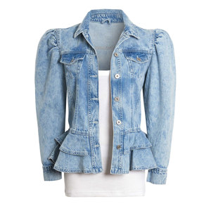 Wholesale Ladies Stonewash Blue <b>Jean</b> Jacket Puff Sleeves Customized Sizes 10 8 10 12 14 16 Casual Fashion Cotton Filled Fabric - Product Image 3