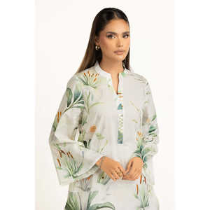 ชุดเซ็ตผ้าแคมบริคพิมพ์ลายสีขาวสำหรับผู้หญิง เสื้อครอปเอวสูงเหนือเข่า ชุดฤดูร้อนสองชิ้น ไซส์ XS - Product Image 2