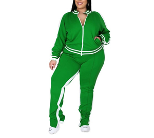 Conjunto de dos piezas con logotipo personalizado de talla grande para mujer, chándal con cremallera a rayas, pantalones de chándal con abertura superior, conjunto de Jogger con logotipo personalizado, conjunto de dos piezas para mujer - Product Image 5