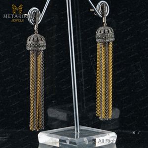 Yellow Vermeil Oxidized 925 Silver Pave Diamond Designer Push <b>Back</b> Handmade Tassel Chain <b>Earrings</b> Jewelry Wholesale - Product Image 5