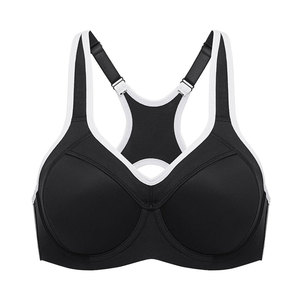 Soutien-gorge de sport à maintien élevé pour femme, col en V, dos nageur, bordure contrastante, respirant, anti-transpiration, pour yoga et fitness, noir uni - Product Image 3