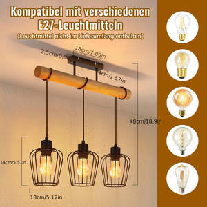 โคมไฟเพดานไม้สไตล์วินเทจ 3 หลอด สำหรับห้องนั่งเล่น ขั้วหลอด E27 ปรับความสูงได้ โคมไฟสปอตไลท์โลหะสีดำ ติดตั้งแบบแขวน - Product Image 4