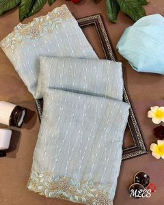 JUTE <b>organza</b> Saree Multi embroidery Work With Stone & Raw <b>Silk</b> embroidery Work Blouse - Product Image 1