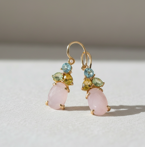 Boucles d'oreilles pendantes en argent sterling 925 plaqué or 18 carats avec calcédoine rose et topaze bleue, pierre précieuse ovale 15*20mm, cadeau pour elle - Product Image 1