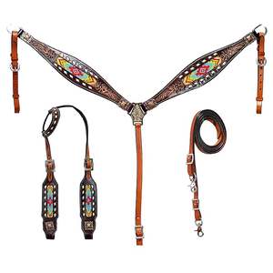 Riendas de cuello de pecho con cuentas de cuero marrón occidental de alta calidad, tachuela de montar a caballo para carreras, ecuestre personalizado - Product Image 1