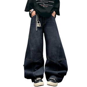 Jean large bleu foncé pour homme 100 % coton, coupe ample décontractée, style streetwear oversize, délavé aux enzymes, vintage - Product Image 1