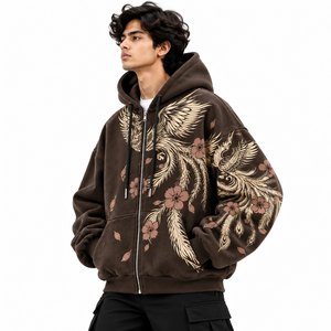 Sweat à capuche zippé pour homme, marron foncé, avec impression graphique personnalisée, motif floral d'ailes, manches longues, style streetwear, personnalisable OEM, marque privée - Product Image 2