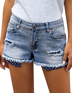 Pantalones cortos de mezclilla vintage de cintura alta cómodos directos de fábrica para mujeres Trabajo personalizable hecho Pakistán Hot Button Lace precio bajo - Product Image 3