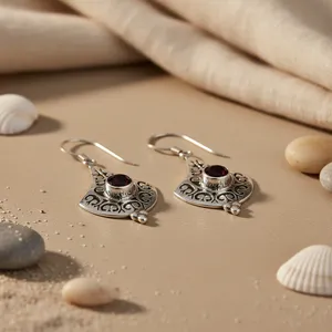 Vintage 925 Silver <b>Garnet</b> Drop <b>Earrings</b> Women's Bezel Setting Everyday Wear Jewelry - Product Image 2
