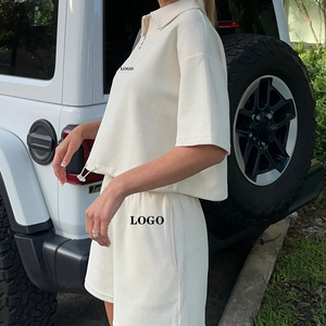 Custom 2024 ผู้หญิงสไตล์ใหม่วาฟเฟิลผ้า 2 ชิ้นกางเกงขาสั้นชุดZip Upเปิดลงปกเสื้อยืดและ 2pcชุดสั้นสําหรับสตรี - Product Image 4