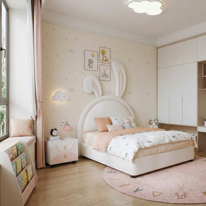 Lit pour enfant en bois massif, taille complète, en cuir écologique, sans odeur, de couleur crème, moderne, fabriqué en usine OEM - Product Image 3