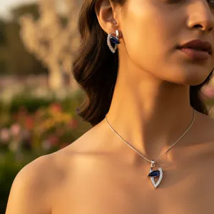 Parure de bijoux en argent et saphir pour femme, collier et boucles d'oreilles en diamant taille marquise pavé, style géométrique de luxe pour mariage - Product Image 1