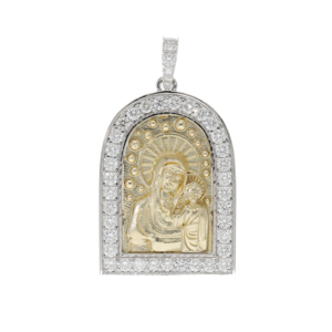 Pendentif en or bicolore 14K pour bébé Jésus, médaillon d'icône religieuse, diamants naturels, bijoux spirituels inspirés de la foi. - Product Image 1