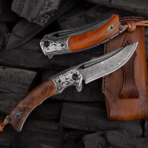 มีดพับแคมป์ปิ้งสุดเท่ รุ่นใหม่ ปี 2023 ลายใบมีดดามัสกัสสุดพิเศษ พร้อมด้ามไม้และปลอกหนัง - Product Image 2