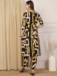 Kurta de algodón puro con cuello en V estampado geométrico negro y amarillo con Palazzos para mujer producto a granel ropa de mujer personalizada - Product Image 6