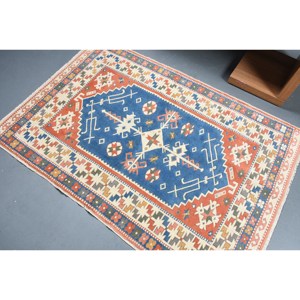 Kilim Bleu Rouge Grand Tapis 3.7X5.5 pieds Tissage Plat Laine Turque avec Support en Latex pour Couloir ou Chambre Effet 3D Peluche - Product Image 4