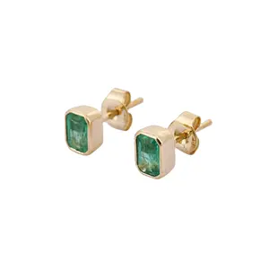 Handmade Natural Emerald Octagon Gemstone Earrings 18K Halus Kuning Emas Birthstone Stud Earrings Mode Perhiasan untuk Wanita Anak Perempuan