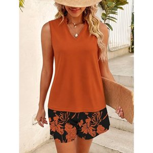 Women'<b>s</b> Strappy V-Neck Sandy <b>Blouse</b> <b>and</b> Patterned Shorts Two-Piece Set, 37150 - Orange - Product Image 3