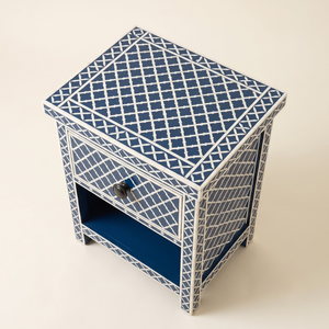 Table de chevet haut de gamme bleu marine avec incrustations en os, 1 tiroir, étagère ouverte, treillis marocain, meuble de chambre fait main, table de chevet - Product Image 3