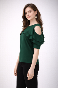 Shoryam Fashion Blusa de Mujer Verde con Cuello Redondo y Manga Media, Hombros Descubiertos con Volantes, Elegante, Estilo Formal Occidental, Sólida, de Crepé de Secado Rápido - Product Image 3