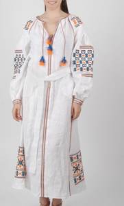 Robe d'été décontractée bohème bleue brodée de grande taille vêtements de bohème personnalisés Maxi taille naturelle lin/coton tissé lavable - Product Image 4